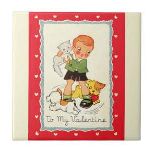 Azulejo De Cerâmica Menino, gato e cães de dia dos namorados do