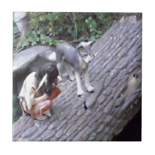 Azulejo De Cerâmica Menino indiano do nativo americano com lobo