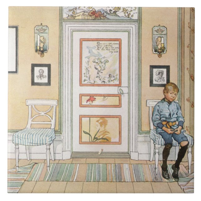 Azulejo De Cerâmica Menino sentado no canto (por Carl Larsson) (Frente)