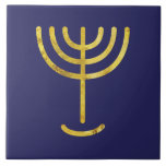 Azulejo De Cerâmica Menorah Dourado-Olhe no Marinho<br><div class="desc">Menorah com a letra Paleo Hebraico. Personalize selecionando 'Clique para personalizar ainda mais' para fazer deste seu próprio design. Ou 'Transfira este design' para impressão a mesma design para outro produto. E você deve fazer um vellestick de ouro puro: de trabalho batido deve-se fazer o castiçal: seu eixo, suas ramificações,...</div>