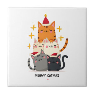 Azulejo De Cerâmica Meowy Catmas Gato Árvore de Natal Natal (3)