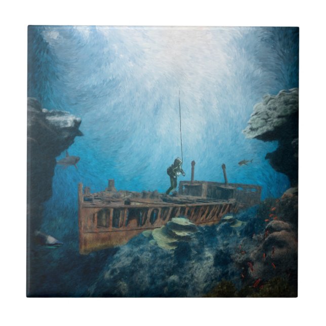 Azulejo De Cerâmica Mergulho no Mar Profundo (Frente)