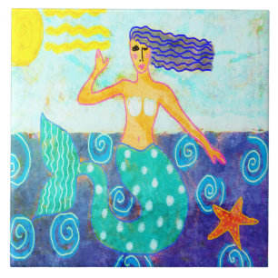 Azulejo De Cerâmica Mermaid e Starfish Abstrato Art