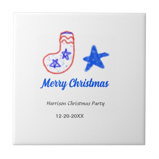 Azulejo De Cerâmica Merry Christmas blue star red stockings name date  (Frente)