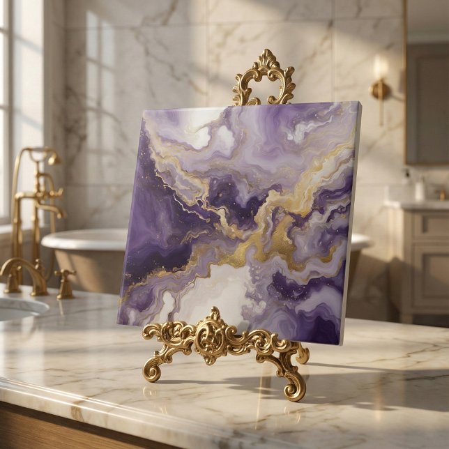 Azulejo De Cerâmica Metallic Liquid Art Purple & Gold Marble Agate (Criador carregado)