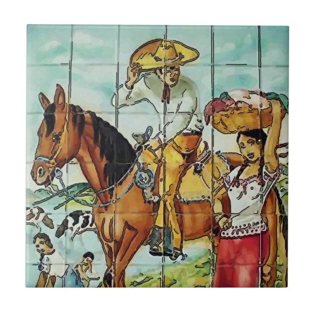 Azulejo De Cerâmica Mexicano Mulheres e CavaleiroMosaico Mural (Frente)