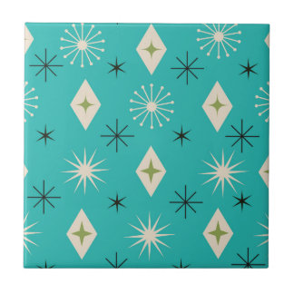 Azulejo De Cerâmica Mid Century Atomic Stars with diamonds on Teal 