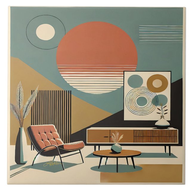 Azulejo De Cerâmica Mid Century Interior Design Sunrise Livingroom (Frente)