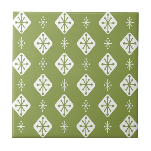 Azulejo De Cerâmica Midcentury Starbursts Diamonds Olive Green (Frente)