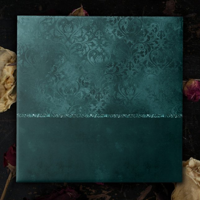 Azulejo De Cerâmica Midnight Teal Romance | Dark Satinge Damask (Criador carregado)