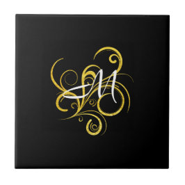 Azulejo De Cerâmica Minimalista Monograma Dourado e Preto