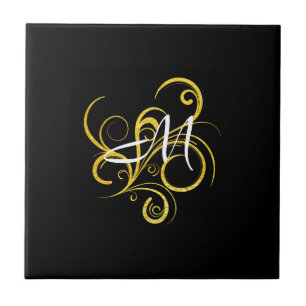 Azulejo De Cerâmica Minimalista Monograma Dourado e Preto