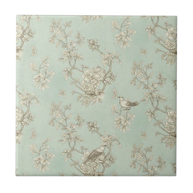 Azulejo De Cerâmica Mint Green French Country Birds and Floral Toile 1 (Frente)