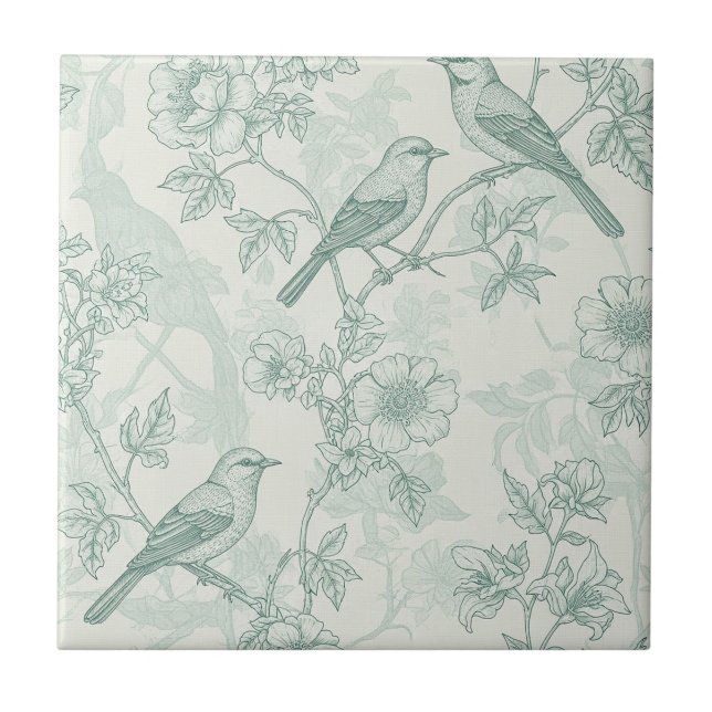 Azulejo De Cerâmica Mint Green French Country Birds and Floral Toile 2 (Frente)