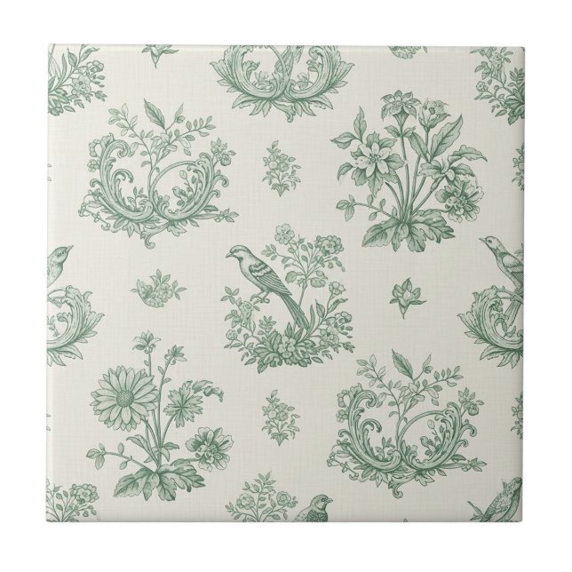 Azulejo De Cerâmica Mint Green French Country Birds and Floral Toile 4 (Frente)