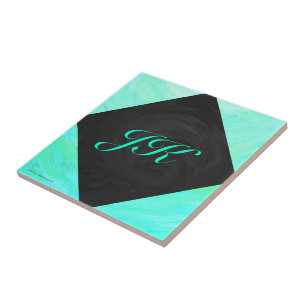 Azulejo De Cerâmica Mint Ice Blue e Black Monogramas
