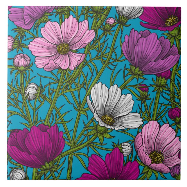 Azulejo De Cerâmica Mistura Cosmos em azul (Frente)