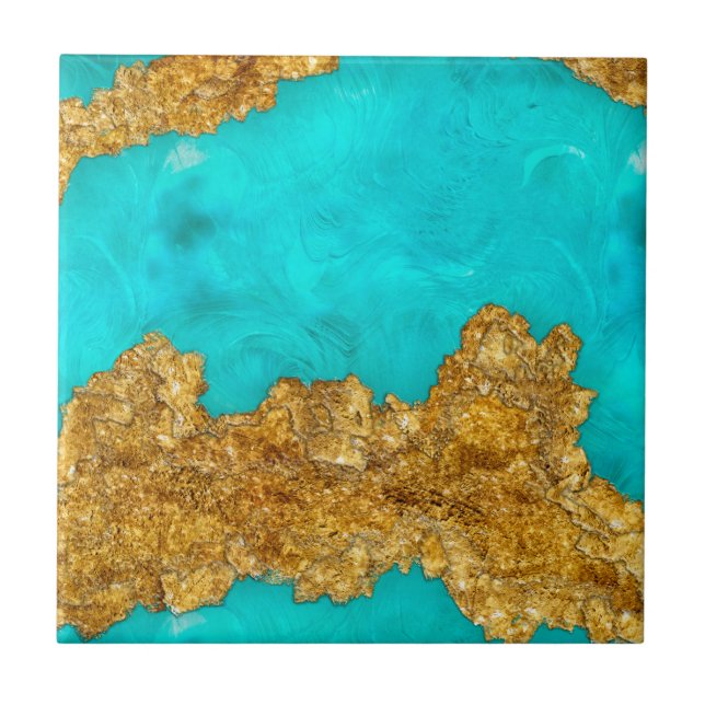 Azulejo De Cerâmica Mixed Media Gold and Turquoise (Frente)