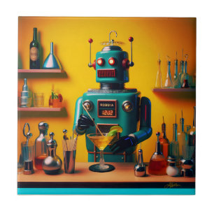 Azulejo De Cerâmica Mixologista de Robô Retro-Futurístico ROBIA 12J2