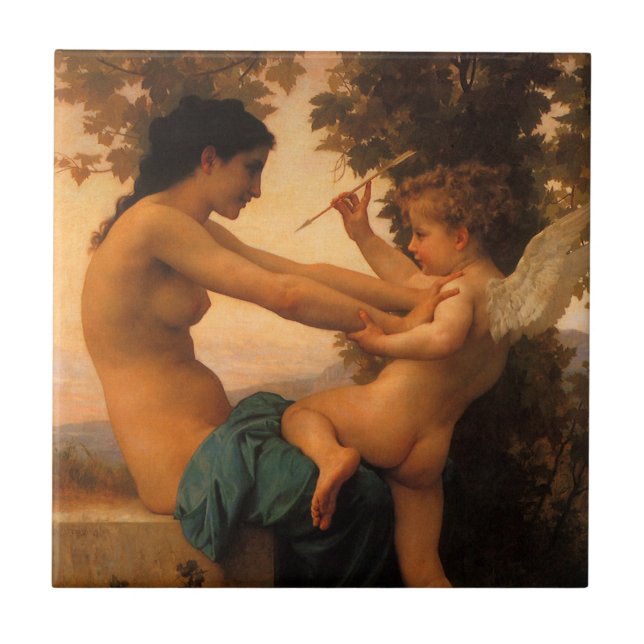 Azulejo De Cerâmica Moça defendendo-se de Cupido de Bouguereau (Frente)