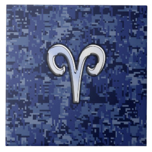 Azulejo De Cerâmica Modern Aries Zodiac Símbolo Marinho Azul Camo Digi