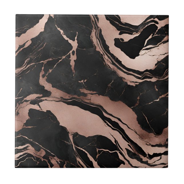 Azulejo De Cerâmica Modern Black Rose Gold Marble Pattern (Frente)