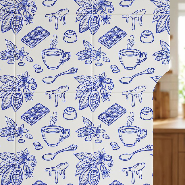 Azulejo De Cerâmica Modern Blue Toile Cacao and Chocolate Pattern (Criador carregado)