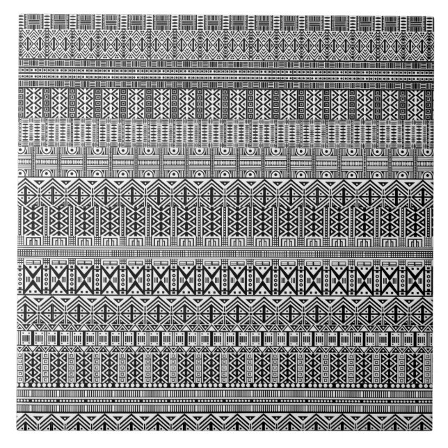 Azulejo De Cerâmica Modern Boho Black and White Pattern Strips Doodles (Frente)