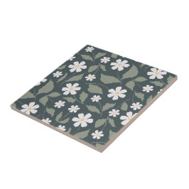 Azulejo De Cerâmica Modern Farmhouse Daisy Azul Escuro Verde & Salvia