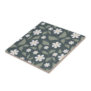 Azulejo De Cerâmica Modern Farmhouse Daisy Azul Escuro Verde & Salvia