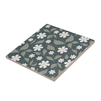 Azulejo De Cerâmica Modern Farmhouse Daisy Azul Escuro Verde & Salvia