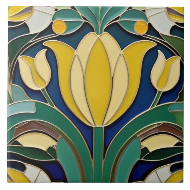 Azulejo De Cerâmica Modernidade Arte Nouveau Flor Amarelo (Frente)