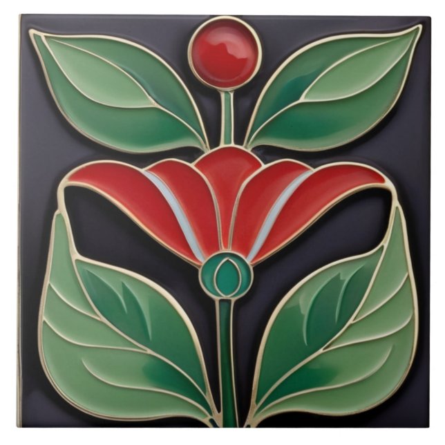 Azulejo De Cerâmica Modernista Art Nouveau Faux Alivio Flor Vermelho N (Frente)