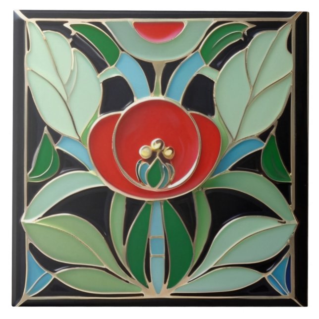 Azulejo De Cerâmica Modernista Art Nouveau Faux Alivio Flor Vermelho V (Frente)