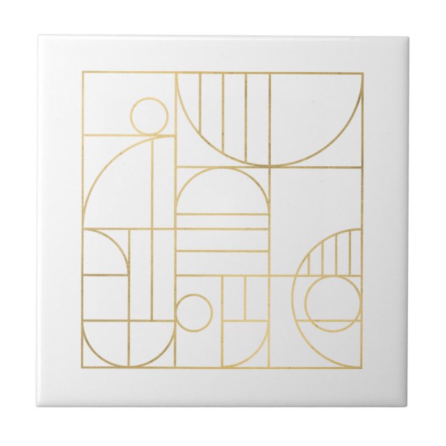 Azulejo De Cerâmica Moderno Geométrico Deco Faux Dourado/White Designe (Frente)