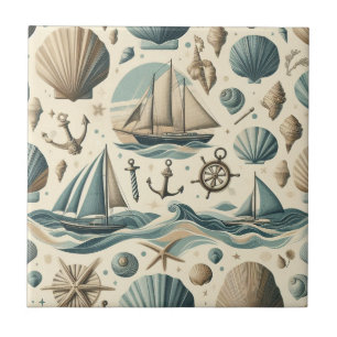 Azulejo De Cerâmica Moderno Náutico de Meados do Século Navios