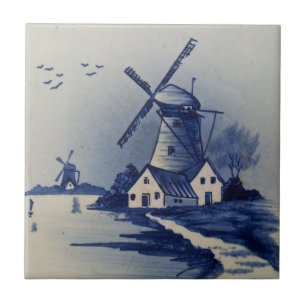 Azulejo De Cerâmica Moinho de Vento Azul Branco Vintage Delft