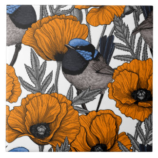 Azulejo De Cerâmica Moinhos de fada e flores de papoila laranja 2