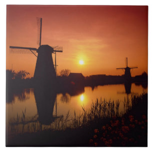 Azulejo De Cerâmica Moinhos de vento ao pôr do sol, Kinderdijk, Holand