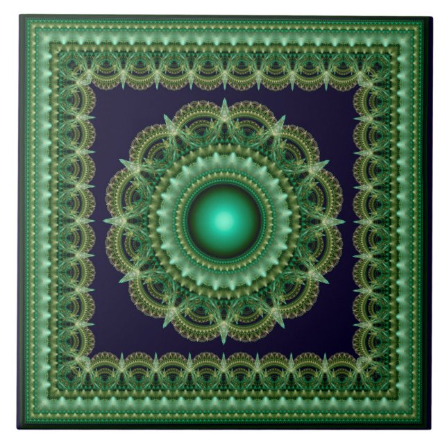 Azulejo De Cerâmica Mola fractal caleidoscópica verde (Frente)