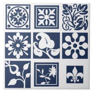 Azulejo De Cerâmica Moldes florais modernos, brancos, marinhos azuis