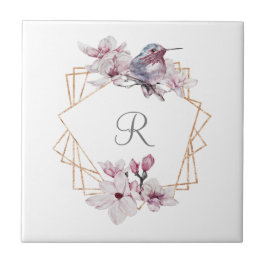 Azulejo De Cerâmica Moldura Dourada de Magnólias Brancas Rosa Monogram