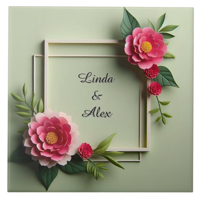 Azulejo De Cerâmica Moldura Floral com Flores Rosas (Frente)