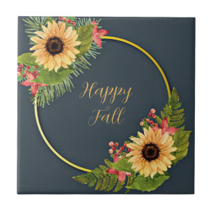 Azulejo De Cerâmica Moldura floral de outono com texto personalizável