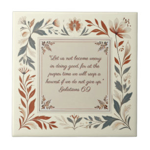 Azulejo De Cerâmica Moldura Floral Rústica em Creme Versículo da Bíbli