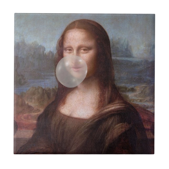 Azulejo De Cerâmica Mona Lisa a soprar o chiclete da cinza (Frente)