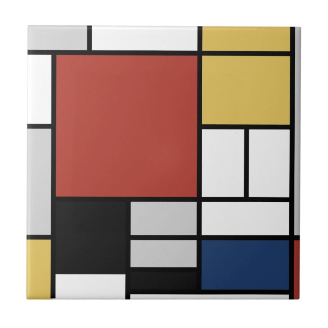 Azulejo De Cerâmica Mondrian Painting Red Plane Yellow Black Cinza Blu (Frente)