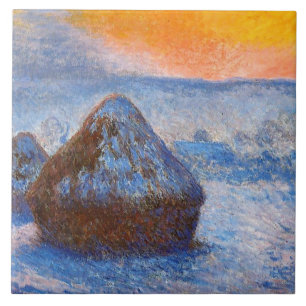 Azulejo De Cerâmica Monet - Grainstacks no Sunset, Efeito na Neve,