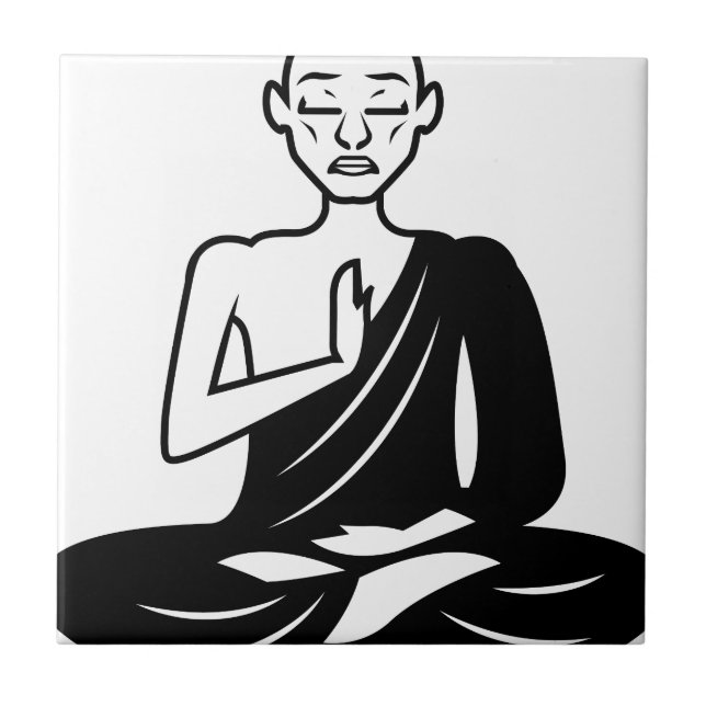 Azulejo De Cerâmica Monge Meditating preto e branco (Frente)