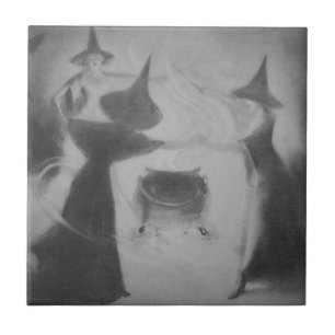 Azulejo De Cerâmica Monocromo Bruxa Noite de Caldeirão Ortográfico